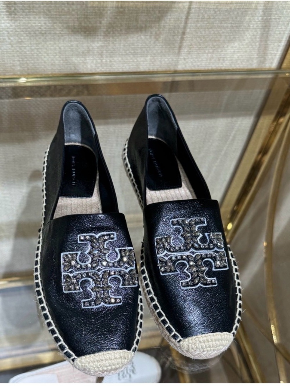 Tory Burch Black Leather Espadrilles with Embellished Logo Size 9